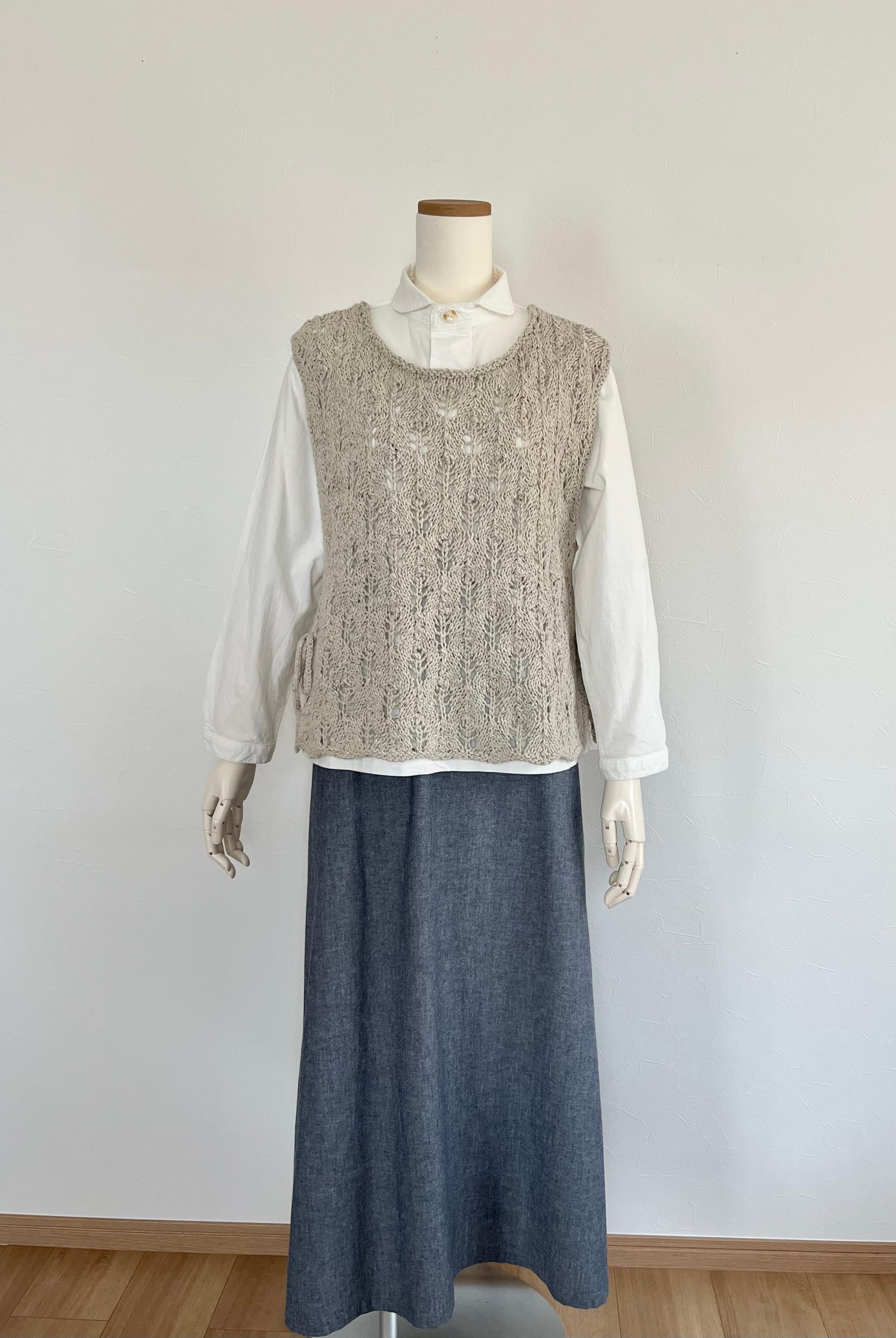 《送料無料》リボン付き透かし編みベスト(グレージュ) | 4枚目