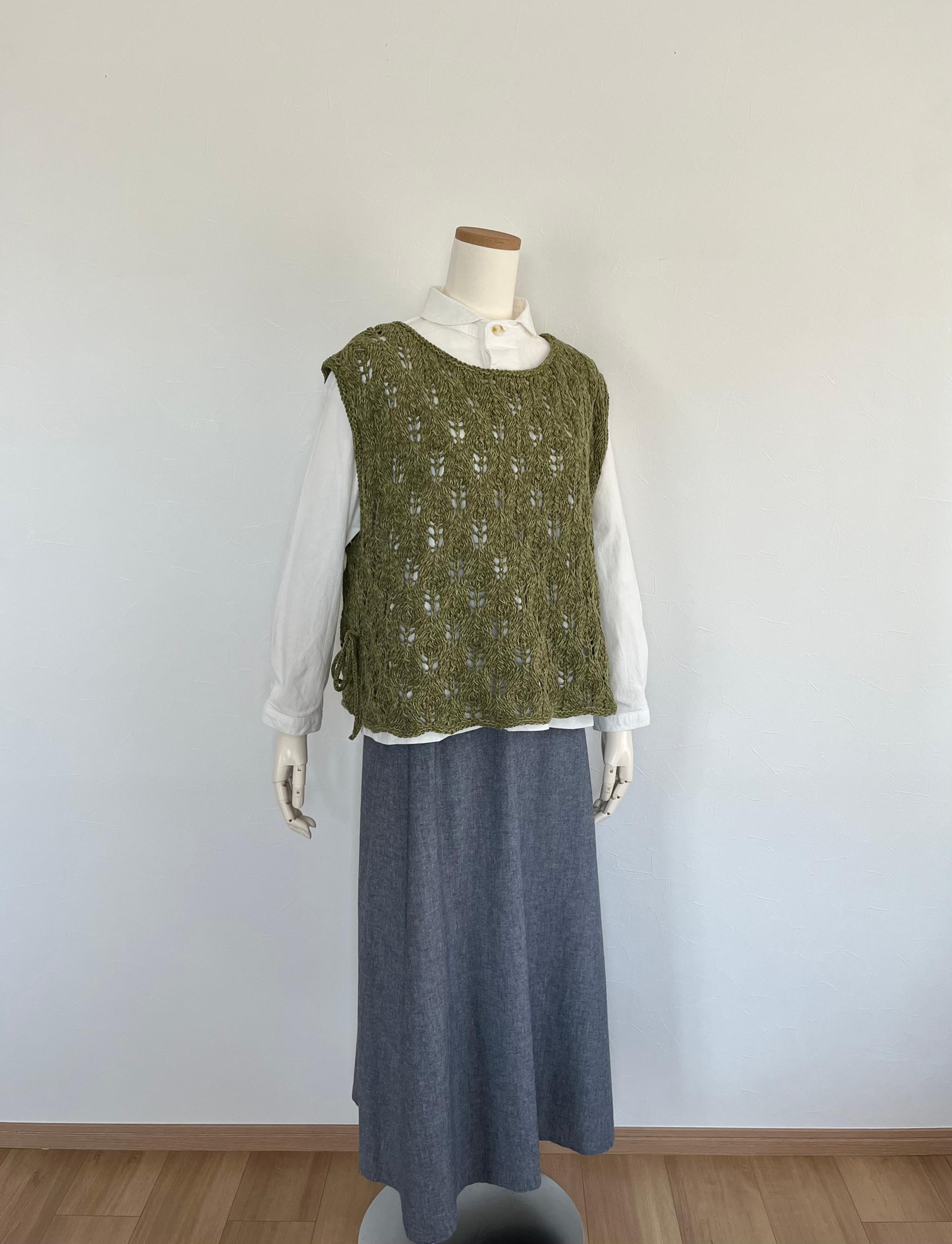 《送料無料》リボン付き透かし編みベスト（モスグリーン） | 4枚目