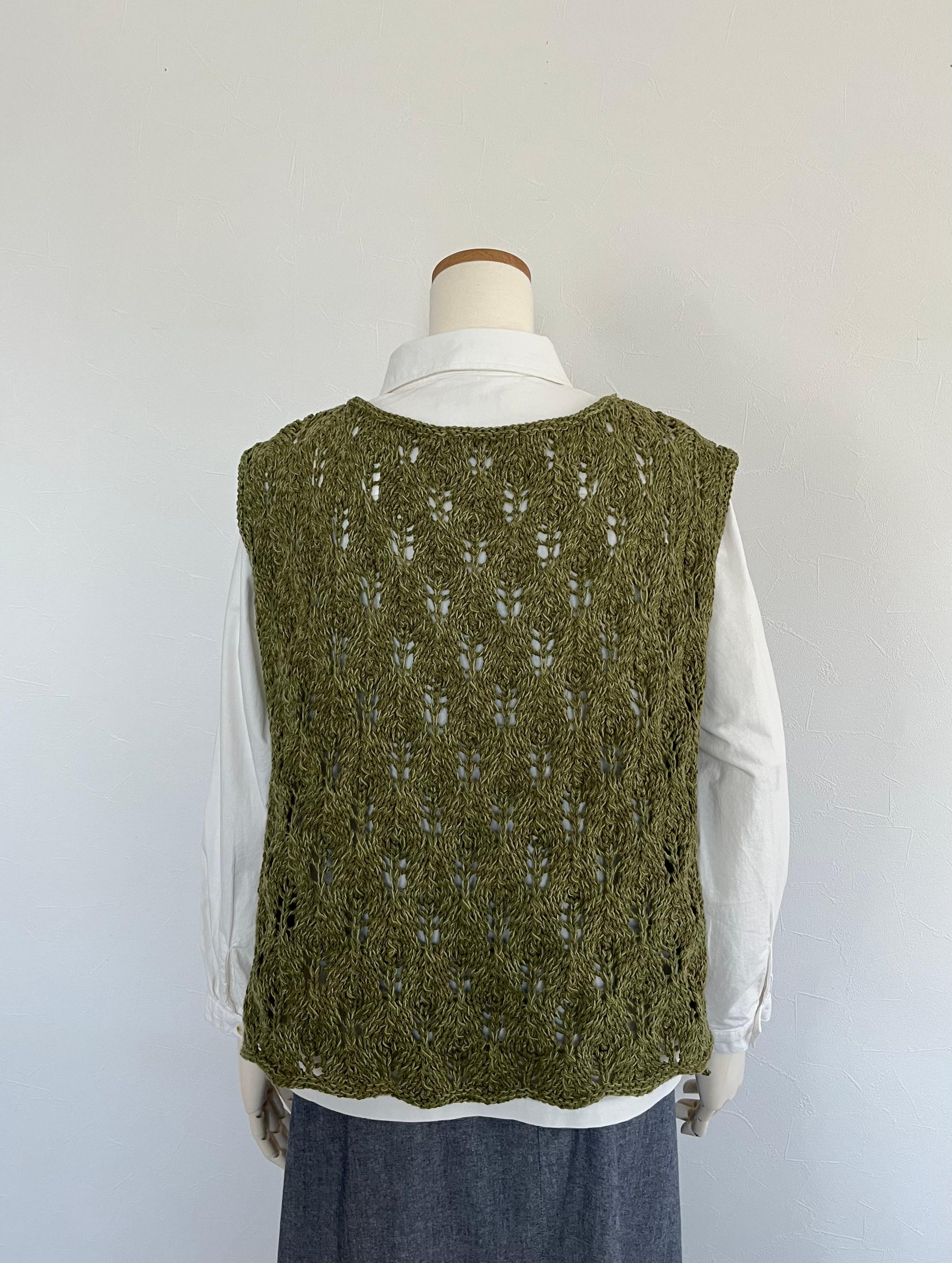 《送料無料》リボン付き透かし編みベスト（モスグリーン） | 2枚目