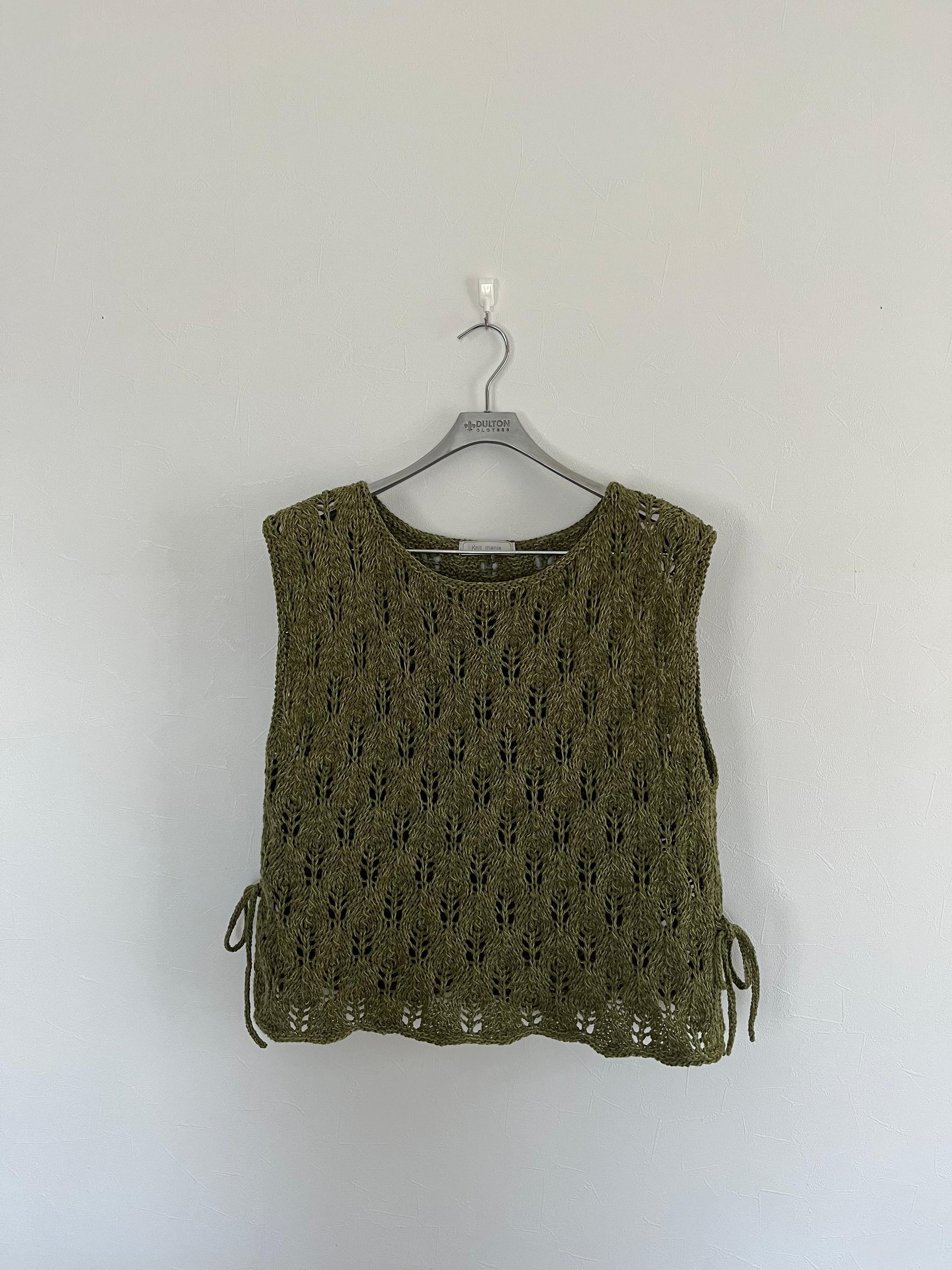 《送料無料》リボン付き透かし編みベスト（モスグリーン） | 8枚目