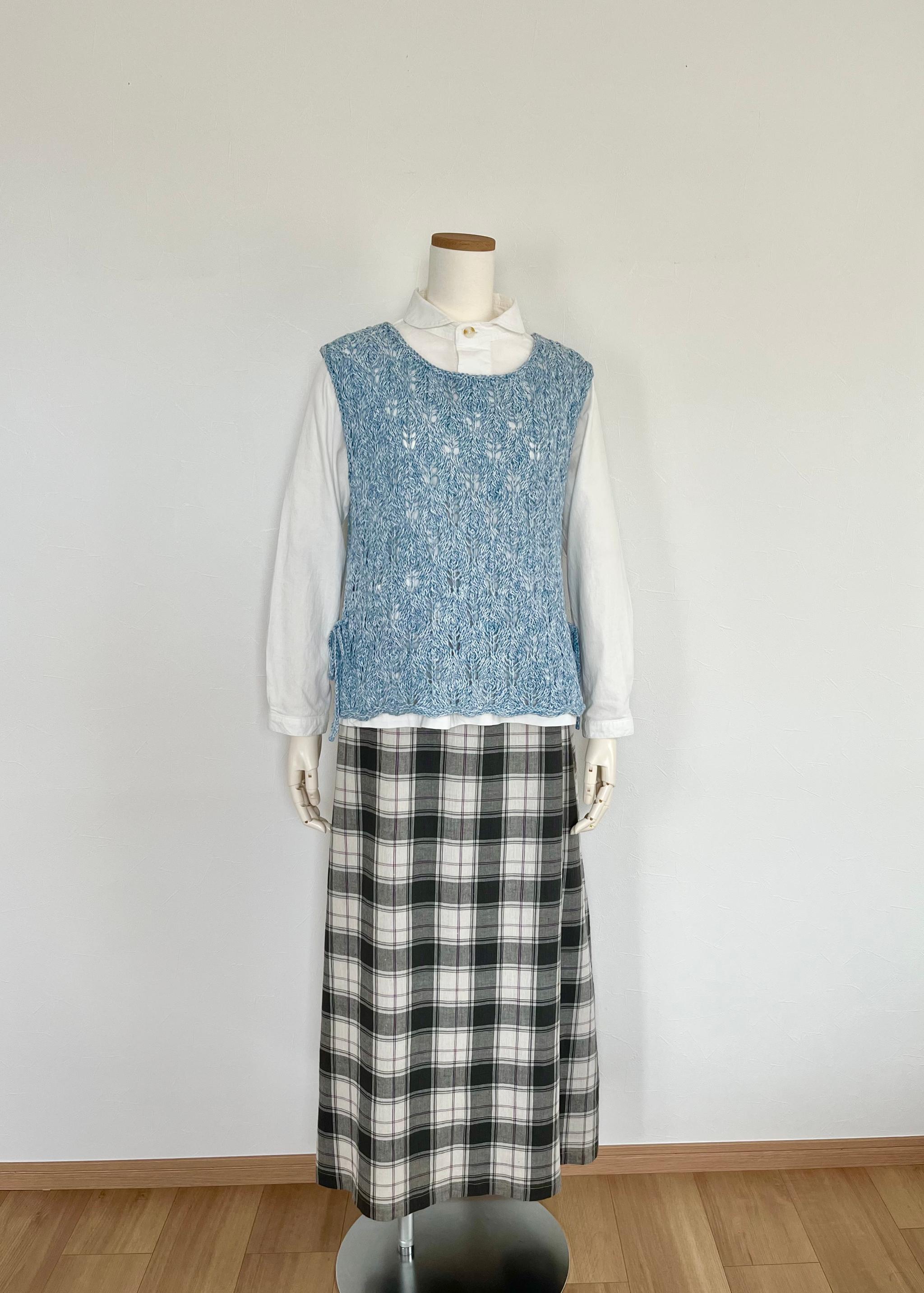 リボン付き透かし編みベスト（ライトブルー） | 4枚目