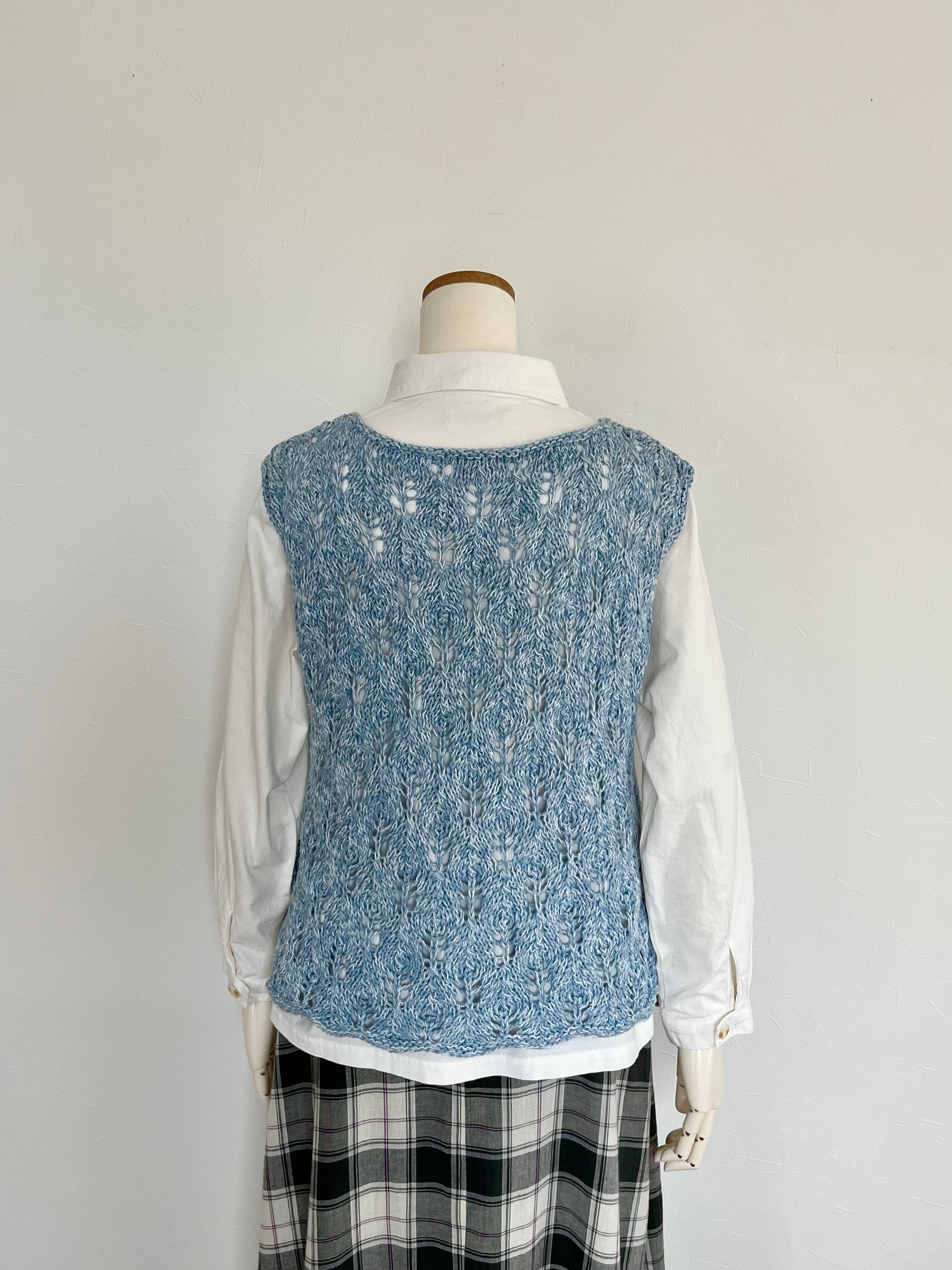 リボン付き透かし編みベスト（ライトブルー） | 2枚目