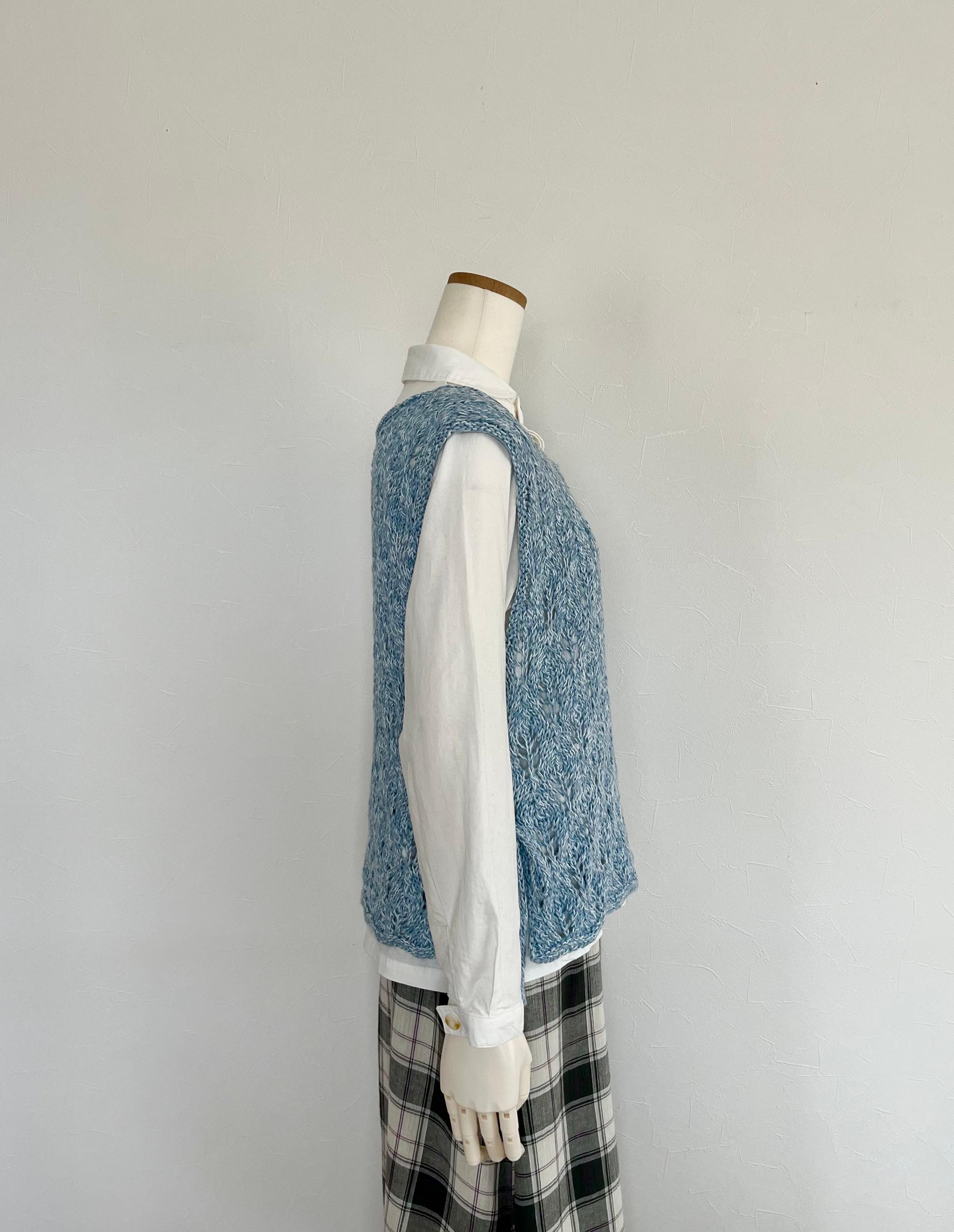 リボン付き透かし編みベスト（ライトブルー） | 3枚目