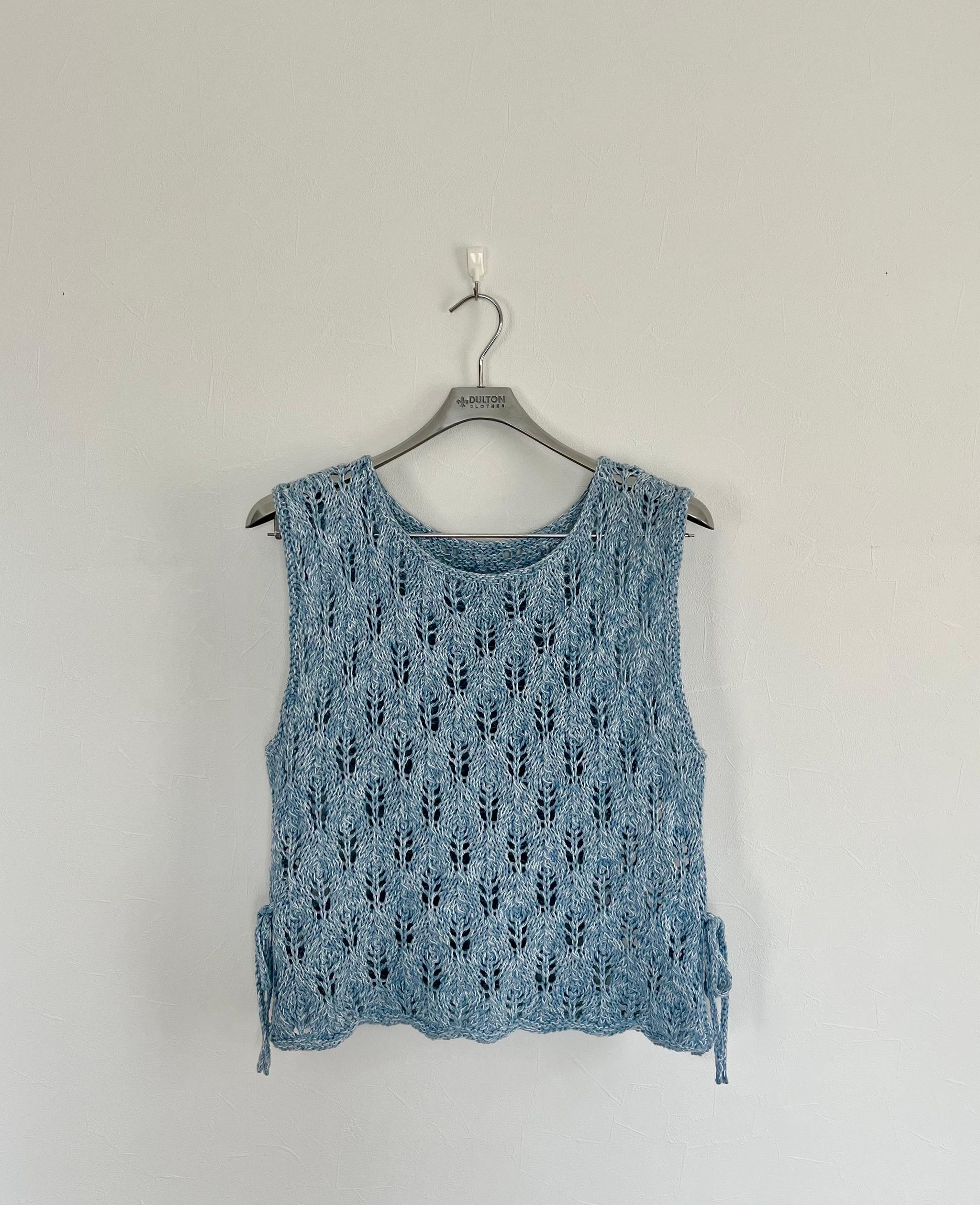 リボン付き透かし編みベスト（ライトブルー） | 5枚目