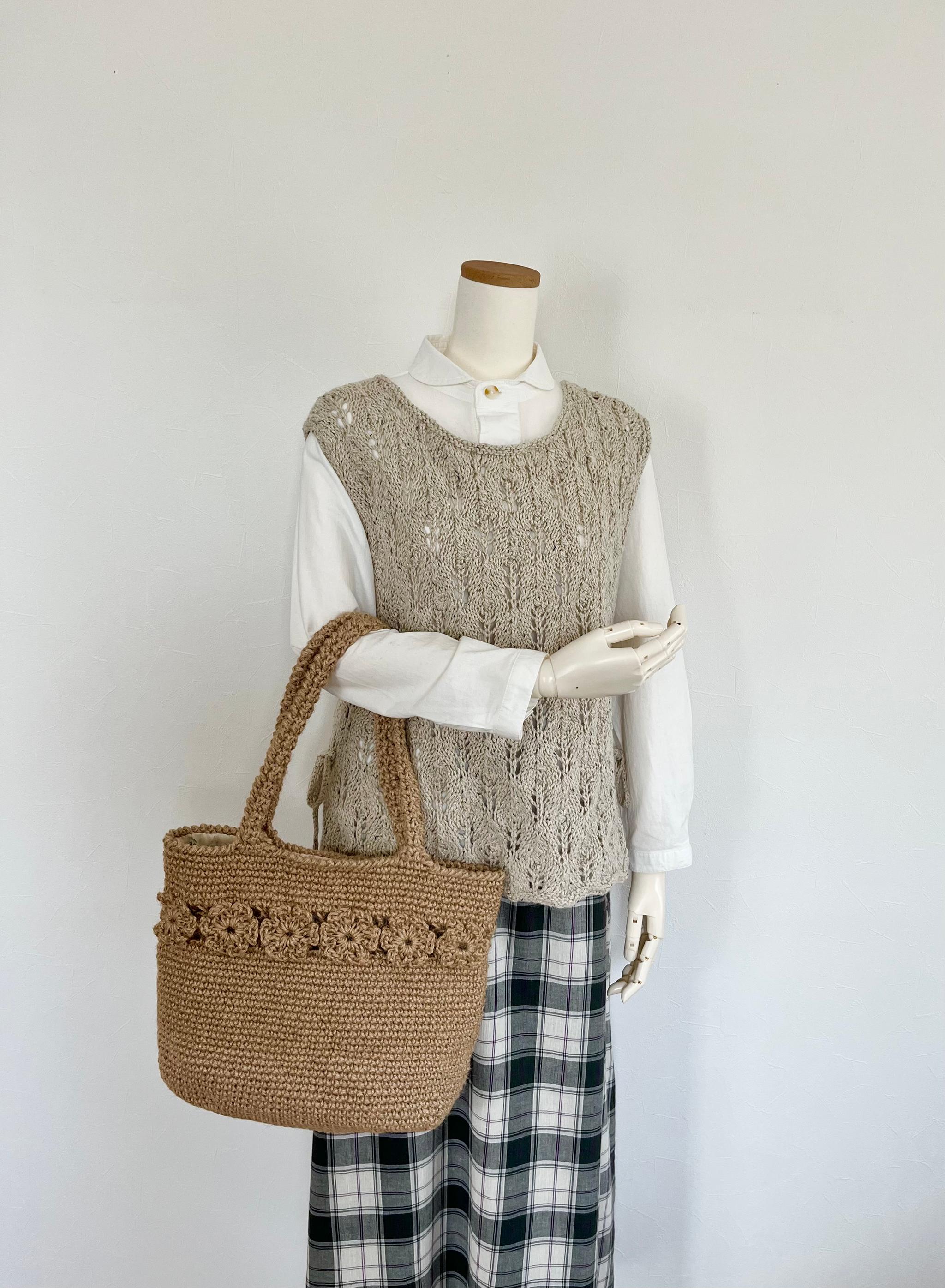 《送料無料》花モチーフを挟んだ麻の細編みバッグ | 3枚目